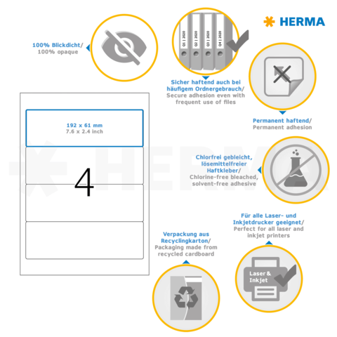 HERMA Etikettenbeschreibung: 192 x 61 mm, permanent haftend, chlorfrei, geeignet für Laser- und Inkjetdrucker, aus recyceltem Karton.