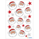 Aufkleber mit verschiedenen Weihnachtsmann-Motiven und roten sowie grauen Sternen. Ideal für festliche Dekoration.
