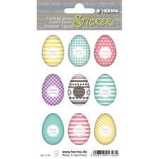 Bunte Aufkleber mit Ostereiern in verschiedenen Designs und Farben, beschriftet mit "Happy Easter" und "Fröhliche Ostern".