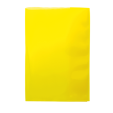 Ein leuchtend gelbes, glänzendes Blatt Papier oder Kunststoff, das aufrecht steht.
