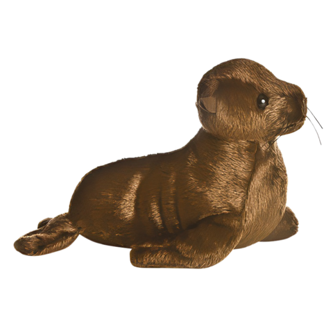 Braunes Plüschseelöwen-Spielzeug, liegend mit einem runden Körper und großen, glänzenden Augen.