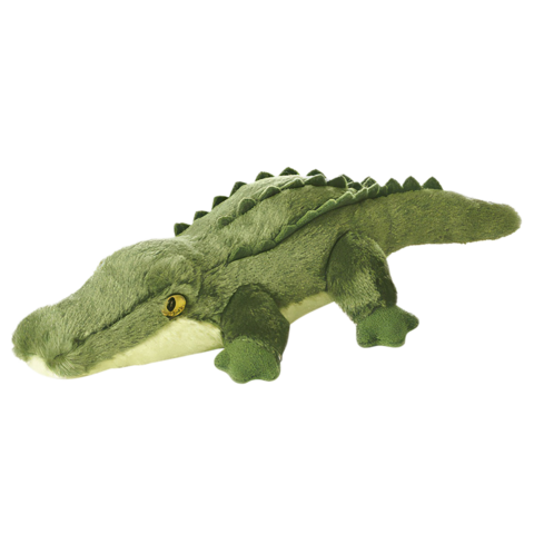 Plüschkrokodil in Grün mit detaillierten Schuppen und einem gelben Auge, auf einer weißen Fläche liegend.