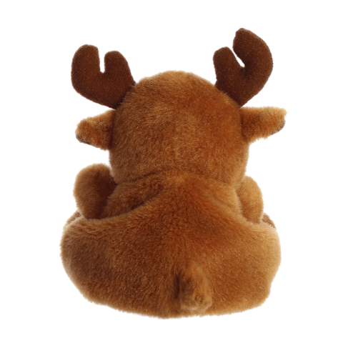 Ein brauner Plüsch-Elch von hinten, mit kleinen Geweihen und einem runden Körper, sitzt auf einer weißen Fläche.