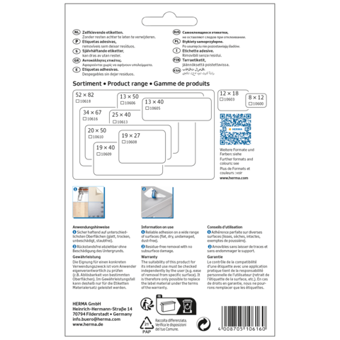 Produktinformationen und Größenangaben für Etiketten von HERMA, einschließlich Anwendungshinweisen und QR-Code für weitere Informationen.
