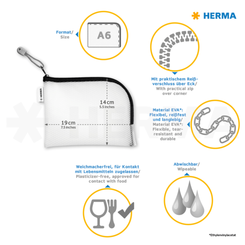 Helle, abwaschbare Tasche in A6-Größe, aus flexiblem EVA-Material, mit Reißverschluss und praktischem Aufhänger.