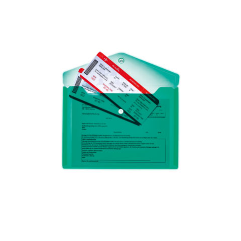 Grüne Mappe mit einem Flugticket und einem Dokument, das teilweise sichtbar ist.