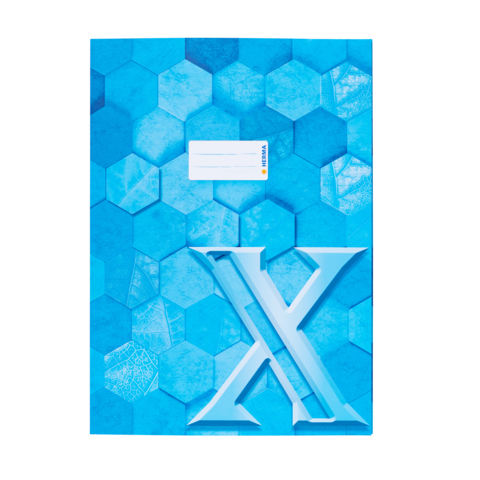 Blaues Heft mit hexagonalem Muster und einer großen, weißen "X"-Zahl auf der Vorderseite. Oben ist ein Feld für Beschriftungen.