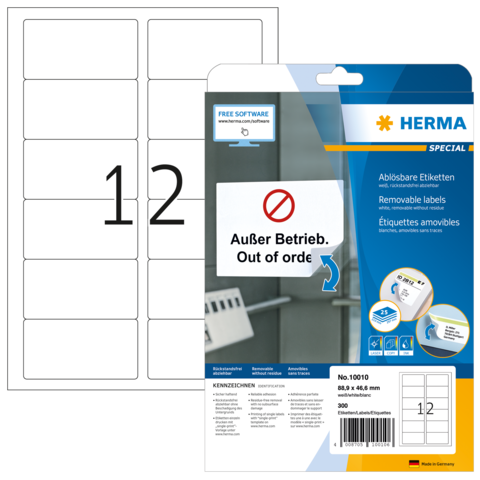 Packung mit ablösbaren Etiketten von Herma, Größe 89,8 x 46 mm, mit der Aufschrift „Außer Betrieb. Out of order.“