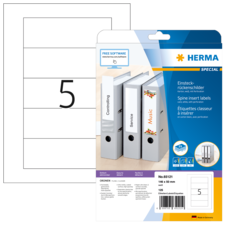 Rückenschilder für Ordner mit der Nummer 5, inklusive Etiketten zum Einfügen. Verpackung zeigt verschiedene Beschriftungsoptionen.