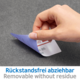 Eine Hand zieht einen abziehbaren Aufkleber von einer Oberfläche. Der Aufkleber ist mit dem Text „Rückstandsfrei abziehbar“ beschriftet.