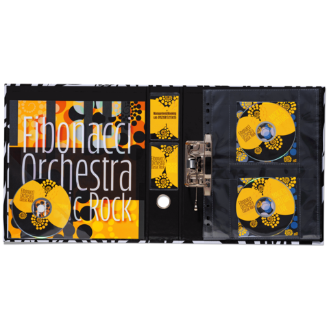 Ein geöffnetes CD-Album mit gelben CDs und einem Cover, das "Fibonacci Orchestra" und "Epic Rock" zeigt.