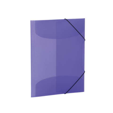 Lila Klarsichtmappe mit schwarzem Gummiband, aufrecht stehend. Ideal für die Aufbewahrung von Dokumenten.