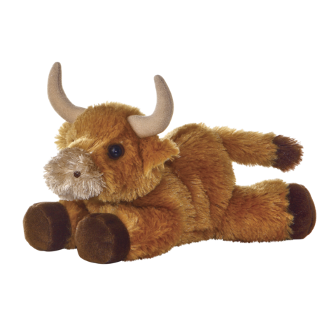 Plüschfigur eines Highlandrinds, liegend mit braunem Fell und kleinen Hörnern, auf einem neutralen Hintergrund.