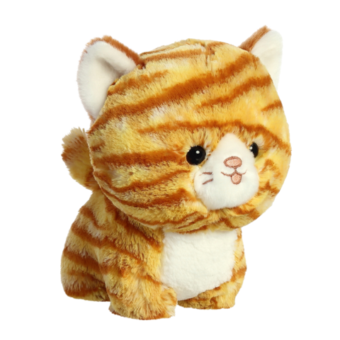 Kuscheltier in Form einer orange gestreiften Katze mit großen Augen und einem süßen Gesichtsausdruck.