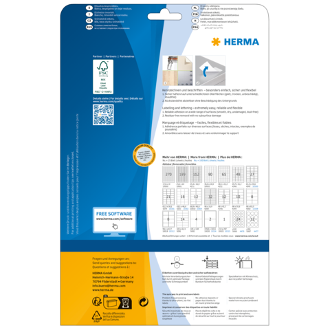 Rückseite einer Verpackung für Etiketten von HERMA, mit Anweisungen, QR-Code und Informationen zu kostenloser Software.