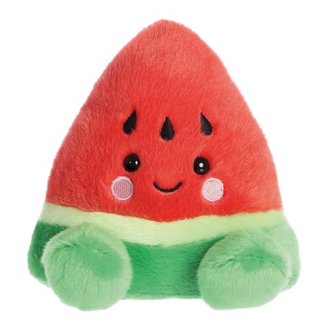 Plüschspielzeug in Form einer Wassermelone, rot mit grüner Unterseite und einem lächelnden Gesicht, kleinen Augen und schwarzen Kernen.