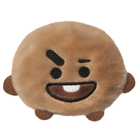 Runder, brauner Plüschcharakter mit einem breiten Lächeln und einem schelmischen Augenbrauenzug.