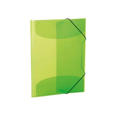 Transparente grüne Mappe mit schwarzem Gummiband zur Sicherung von Dokumenten.