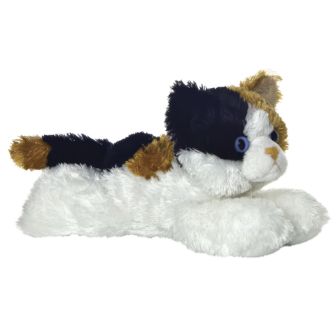 Plüschkatze mit schwarz-weißer Fellzeichnung und braunen Akzenten, in liegender Position.