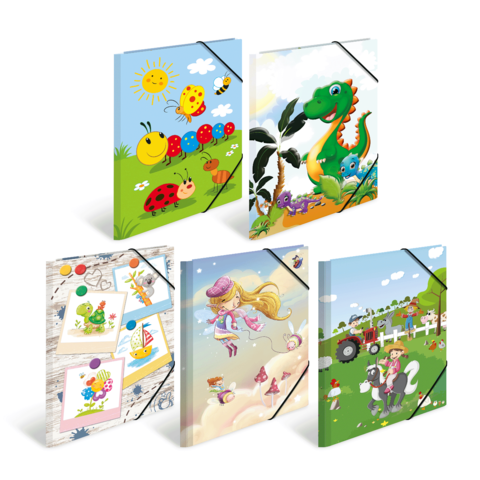 Sechs bunte Notizhefte mit kindgerechten Illustrationen, darunter Tiere, Pflanzen und Szenen aus dem Alltag.