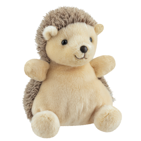 Plüschig, sitzender Igel mit einem runden, beigen Körper und braunem, stacheligem Rücken. Freundliches Gesicht mit kleinen Ohren.