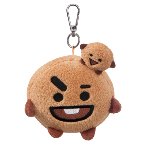Plüschanhänger in Form eines runden Gesichts mit einem breiten Lächeln und einem kleinen Tierchen oben drauf.