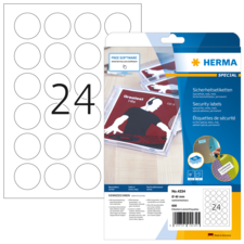 Sicherheitsetiketten von Herma, Packung mit 600 Etiketten, Durchmesser 40 mm, inklusive Softwarehinweis.