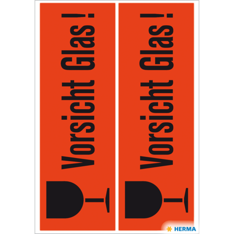 Warnschild mit der Aufschrift "Vorsicht Glas!" in schwarzer Schrift auf orangefarbenem Hintergrund, begleitet von einem Glas-Symbol.
