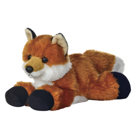 Plüschfuchs mit orangefarbenem Fell, weißen und schwarzen Akzenten, in liegender Position.