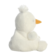 Weißer, plüschiger Schneemann mit orangefarbener Nase und einem Pompon auf dem Kopf, seitlich dargestellt.