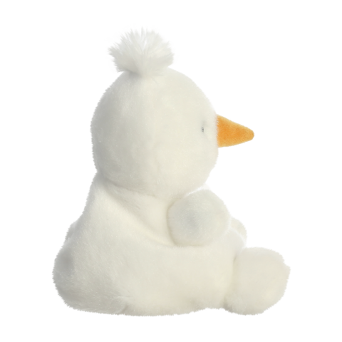 Weißer, plüschiger Schneemann mit orangefarbener Nase und einem Pompon auf dem Kopf, seitlich dargestellt.