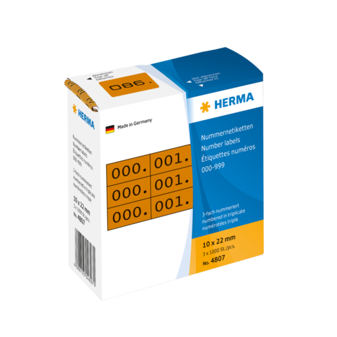 Nummer etiketten von HERMA, 10 x 22 mm, mit Nummern von 000 bis 999, in einer Verpackung mit 3 Rollen.