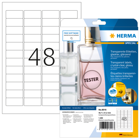 Transparente Etiketten von Herma, glänzend, 48 Stück, geeignet für verschiedene Anwendungen, inklusive kostenloser Software.