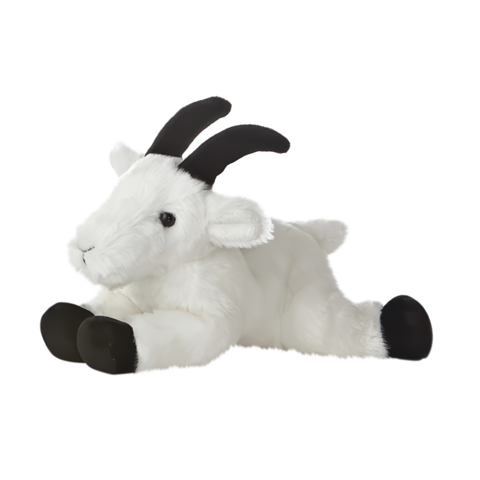 Plüschziege mit schwarzen Hörnern und Pfoten, die entspannt auf dem Boden liegt. Sie hat ein weiches, weißes Fell.