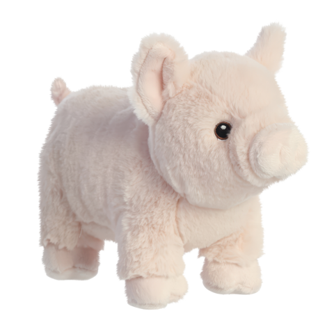 Plüschschwein in sanften Rosa-Tönen mit kleinen Ohren und einem runden Körper, steht aufrecht und hat einen freundlichen Gesichtsausdruck.