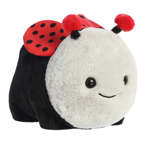Kuscheltier in Form eines Marienkäfers mit roten Punkten, schwarzen Körper und lächelndem Gesicht, ausgestattet mit roten Pompons auf den Flügeln.