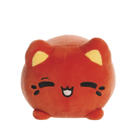 Runder, orangefarbener Plüsch-Katze mit lächelndem Gesicht und kleinen Ohren.