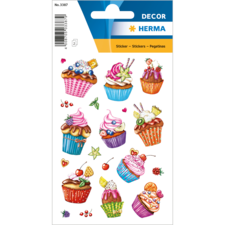 Bunte Aufkleber mit verschiedenen Cupcakes, verziert mit Sahne, Früchten und Schokolade, auf einem weißen Hintergrund.