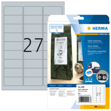 Silberne Etiketten von Herma, Packung mit 27 Etiketten, geeignet für verschiedene Anwendungen, inklusive Softwarehinweis.