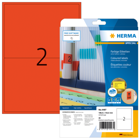 Rote Etiketten mit der Nummer 2, verpackt in einer transparenten Hülle. Hersteller: Herma, Artikelnummer 4487.