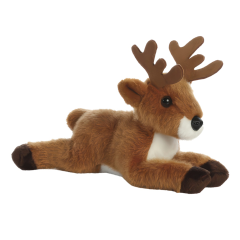 Plüschrentier mit braunem Fell und Geweih, in liegender Position, mit einem freundlichen Gesichtsausdruck.