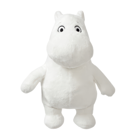 Plüschfigur eines Mumin, weiß mit runden Augen und einem runden Körper, steht aufrecht und hat eine freundliche Ausstrahlung.
