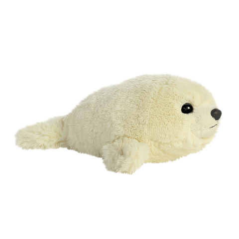 Plüschrobbe in heller Farbe mit großen, schwarzen Augen und einem freundlichen Gesichtsausdruck.