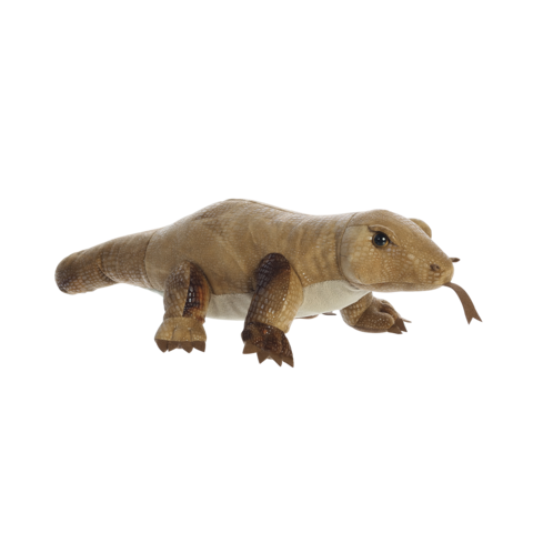 Ein ausgestopfter Prähistorischer Reptil mit einem breiten Körper, kurzen Beinen und einem langen Schwanz, der auf dem Boden liegt.