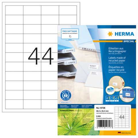 Etikettenbogen mit 44 leeren Feldern und Verpackung, die Recyclingpapier und kostenlose Software zur Erstellung von Etiketten bewirbt.