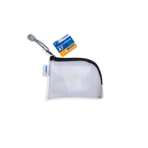 Transparente, weiße Tasche mit Reißverschluss und grauem Griff, beschriftet mit "A7" und einem Preisetikett.