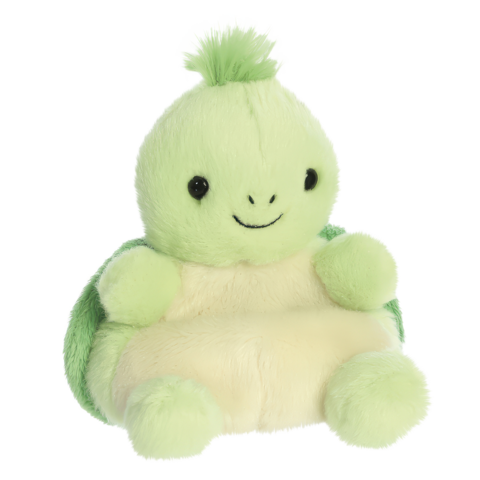 Grünes, kuscheliges Plüschtier in Form einer Schildkröte mit einem lächelnden Gesicht und einem kleinen Haarschopf.