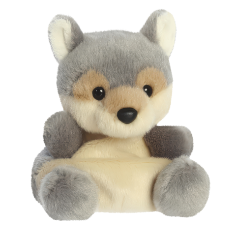 Plüschwolf mit grauem und beigem Fell, großen runden Augen und einem freundlichen Gesichtsausdruck.