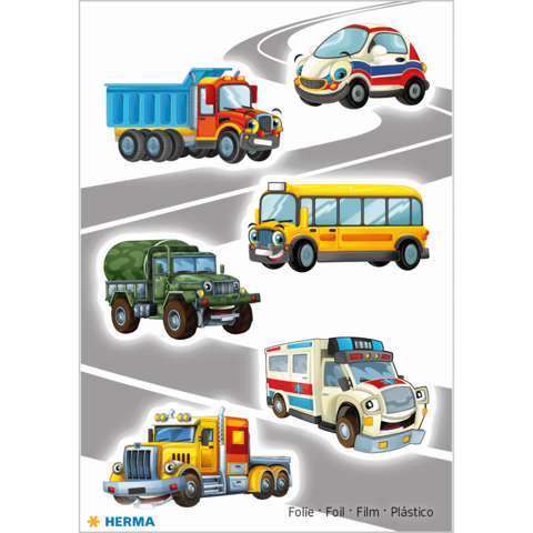 Bunte Fahrzeugaufkleber, darunter ein Lkw, ein Schulbus, ein Militärfahrzeug, ein Krankenwagen und zwei Autos auf einer Straßenoberfläche.