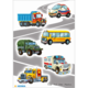 Bunte Fahrzeugaufkleber, darunter ein Lkw, ein Schulbus, ein Militärfahrzeug, ein Krankenwagen und zwei Autos auf einer Straßenoberfläche.